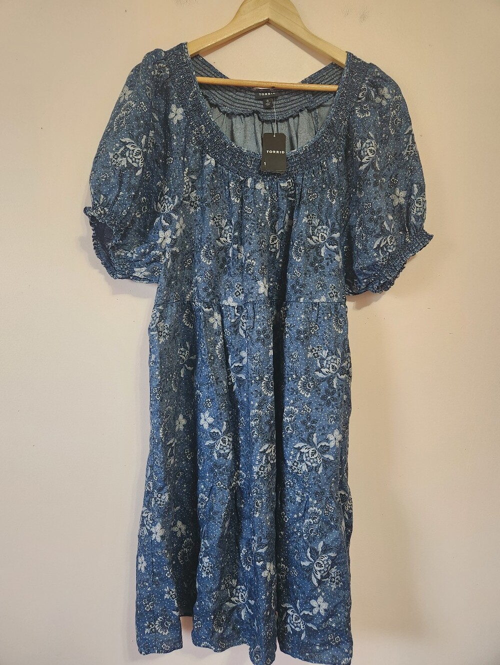 NWT Torrid Blue Floral Chambray Smocked Mini Dress 0 L Cottagecore Prairie Boho